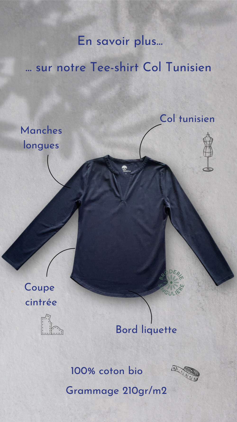 Description tee-shirt noir 100% coton bio col tunisien manches longues bord liquette